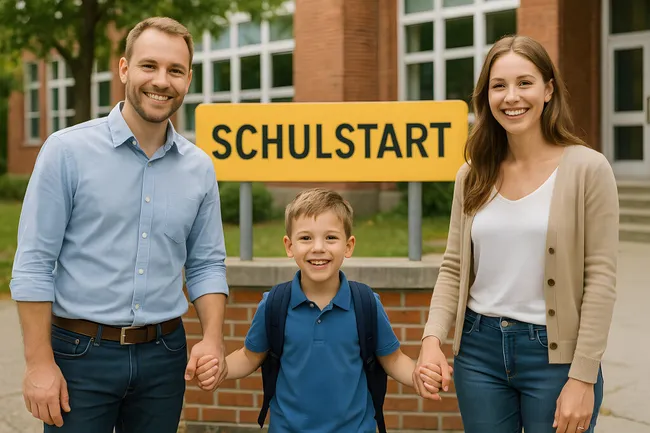 Glückliche Familie beim Schulstart