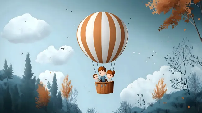 Glückliche Familie fliegt mit Heißluftballon über herbstliche Landschaft