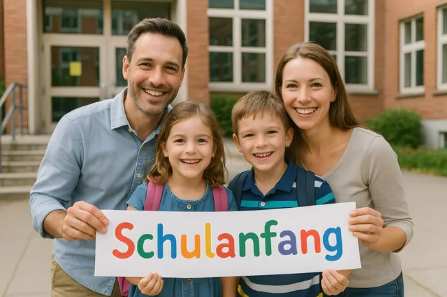 Glückliche Familie freut sich auf den Schulstart