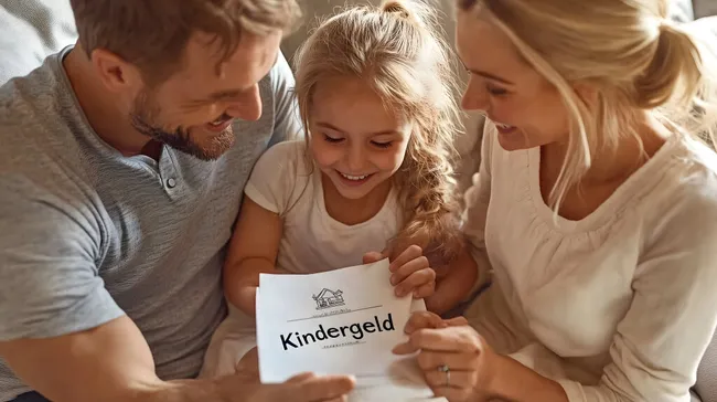 Glückliche Familie freut sich über Kindergeldbescheid