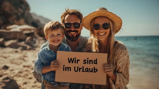 Glückliche Familie genießt Strandurlaub mit Schild