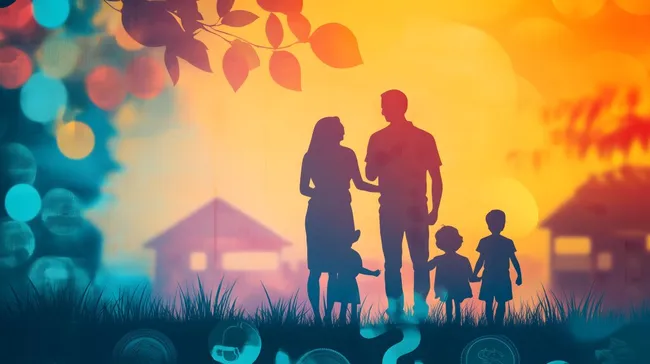 Glückliche Familie im romantischen Sonnenuntergang