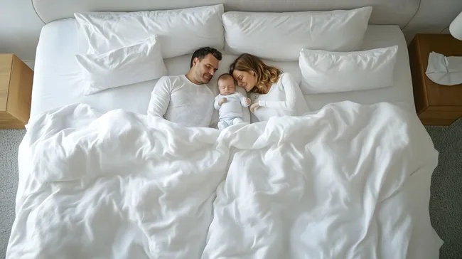 Glückliche Familie kuschelt im weißen Bett