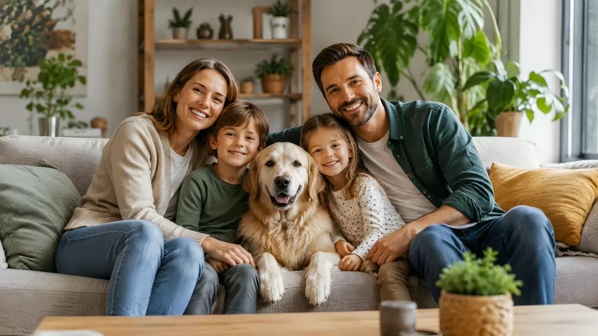 Glückliche Familie mit Hund auf dem Sofa zuhause