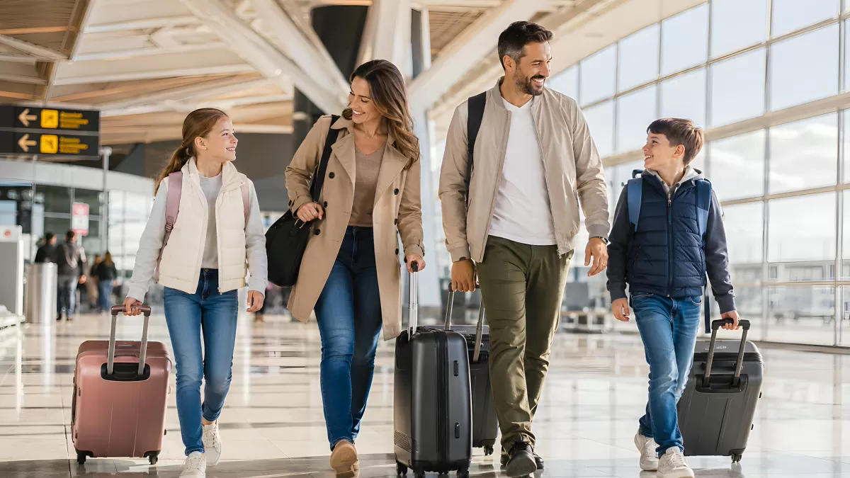 Glückliche Familie mit Koffern im Flughafenterminal