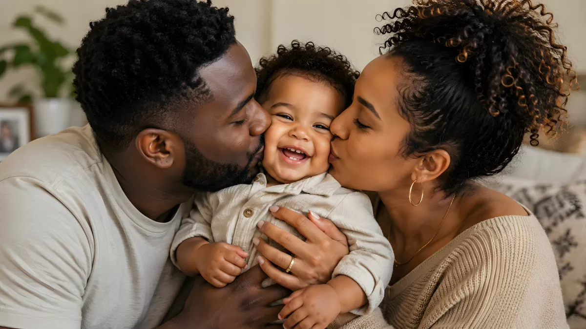 Glückliche Familie mit lachendem Baby auf dem Sofa