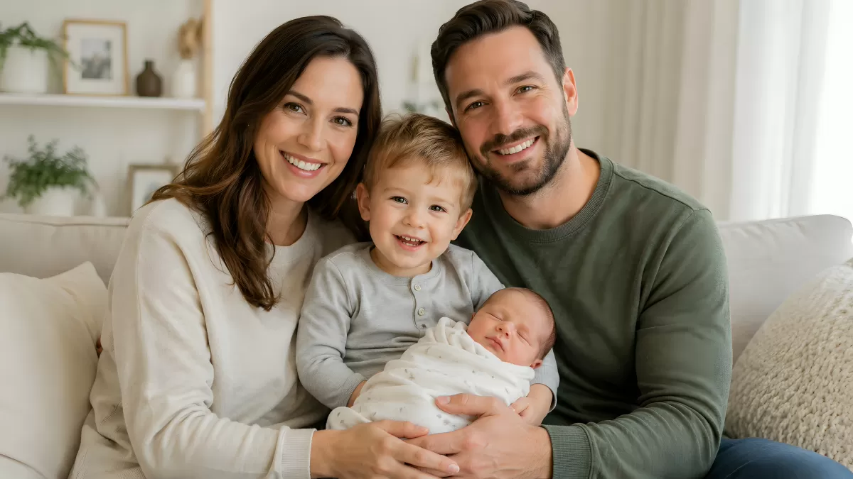 Glückliche Familie mit Neugeborenem auf dem Sofa