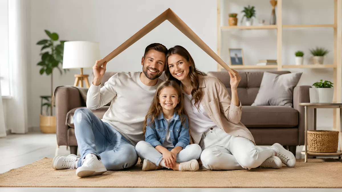Glückliche Familie sitzt unter Dach-Symbol im Wohnzimmer