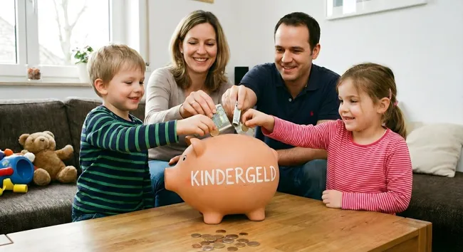 Glückliche Familie spart gemeinsam Kindergeld im Sparschwein