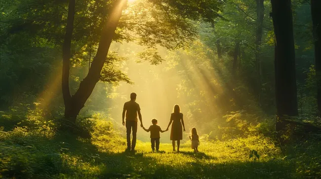 Glückliche Familie spaziert im Waldlichtung bei Sonnenaufgang