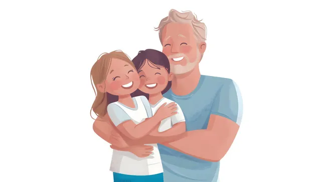 Glückliche Familie umarmt sich lachend