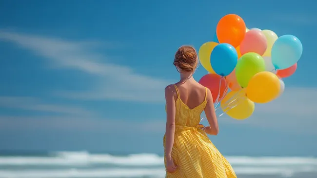 Glückliche Frau im gelben Sommerkleid mit bunten Luftballons am Meer