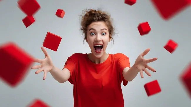 Glückliche Frau wirft rote Würfel