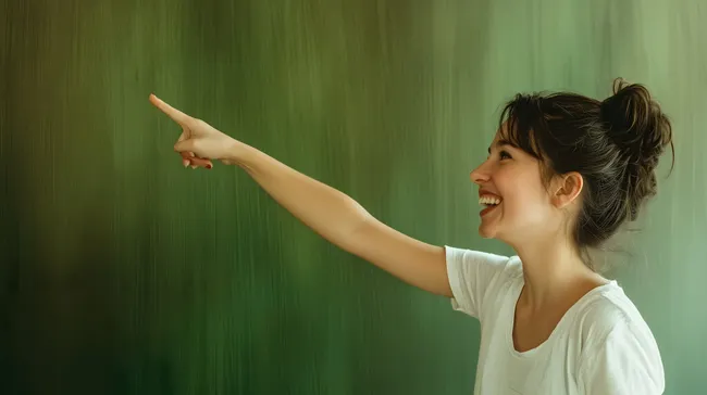 Glückliche Frau zeigt nach oben im Freien