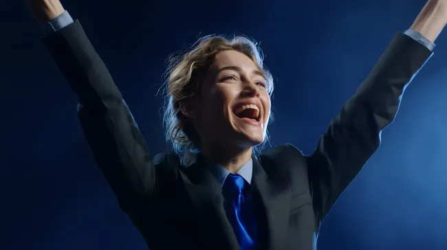 Glückliche Geschäftsfrau jubelt im Büro