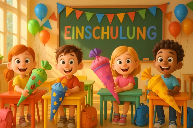 Glückliche Grundschüler beim Einschulungsfest