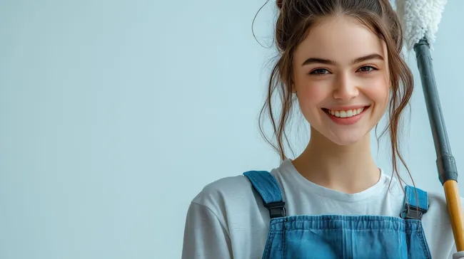 Glückliche junge Frau bei Haushaltsarbeiten