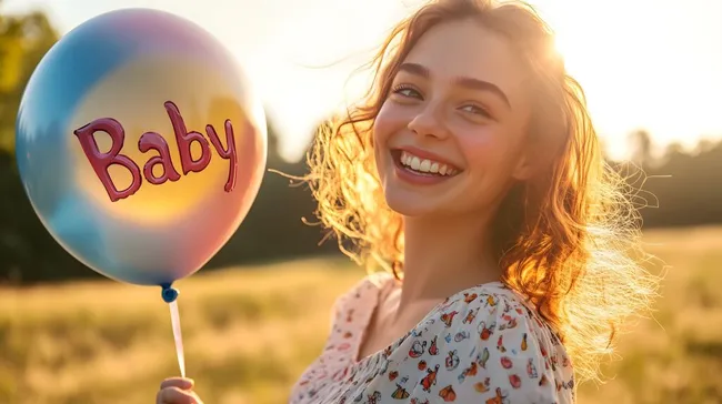Glückliche junge Frau mit Baby-Luftballon im Sonnenlicht