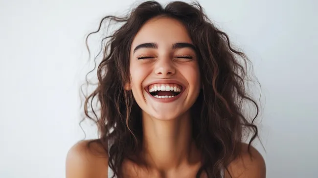 Glückliche junge Frau mit lockigem Haar lachend
