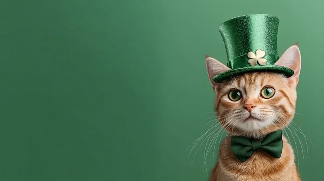 Glückliche Katze im irischen Kostüm an St. Patrick's Day