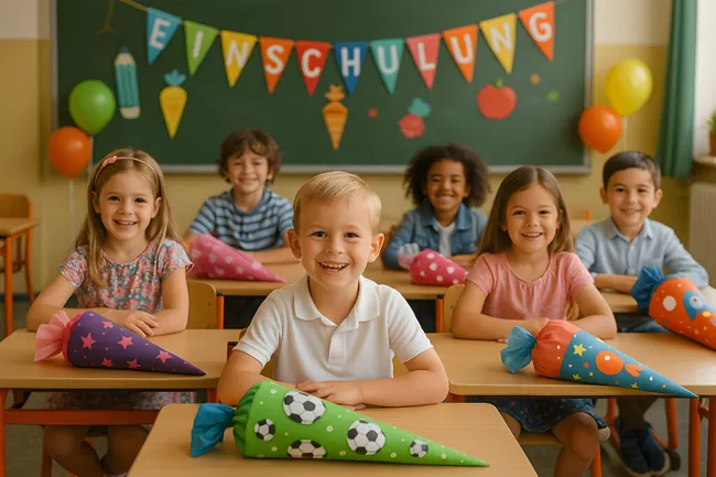 Glückliche Kinder in der Einschulungsfeier im Klassenzimmer