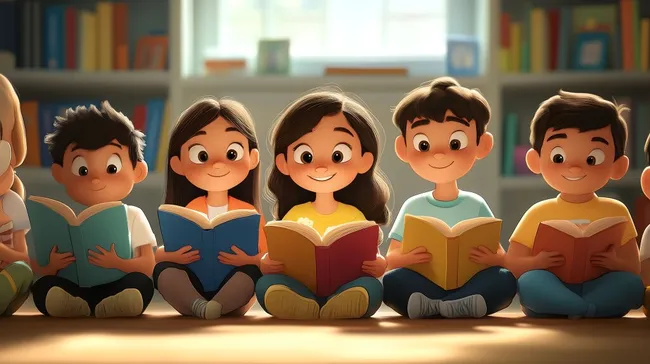 Glückliche Kinder lesen gemeinsam Bücher in der Bibliothek