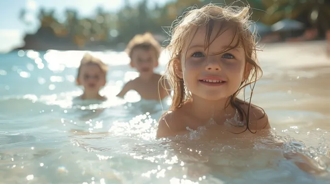 Glückliche Kinder spielen im sommerlichen Meerwasser