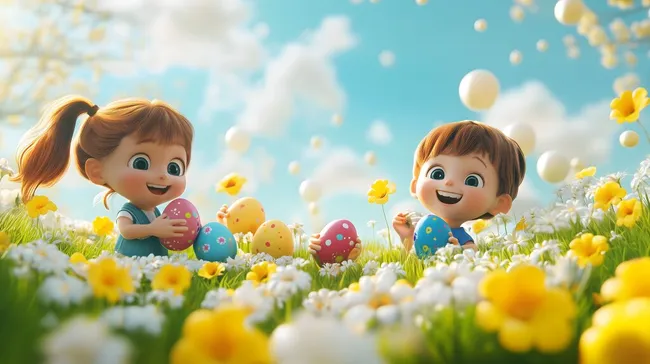 Glückliche Kinder spielen mit bunten Ostereiern im Frühlingsblumenmeer