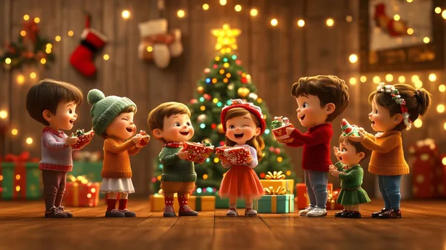 Glückliche Kinder tauschen Weihnachtsgeschenke