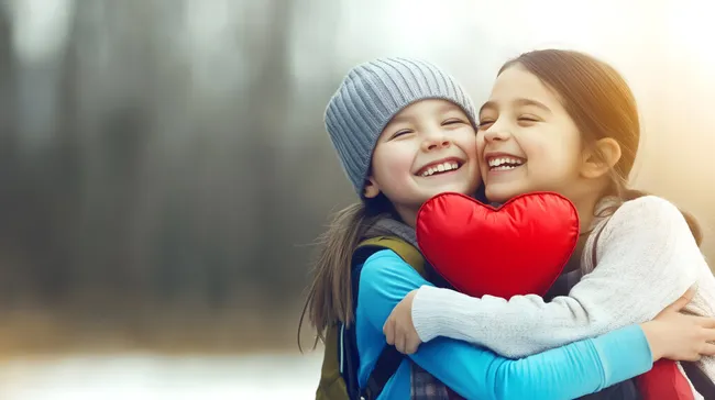 Glückliche Kinder umarmen sich mit Herzkissen