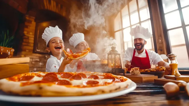 Glückliche Köche beim Pizzabacken in rustikaler Küche