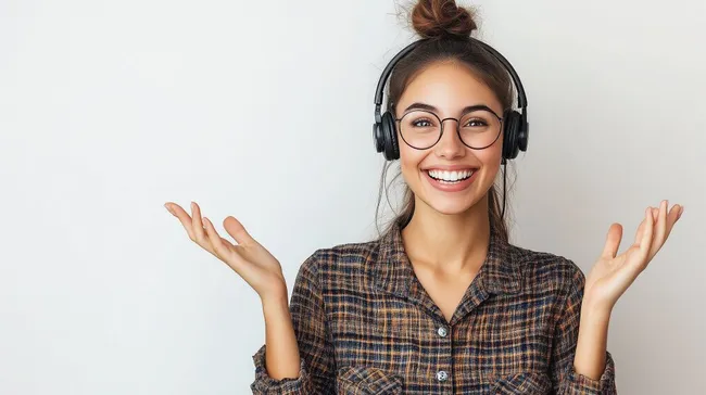 Glückliche Mitarbeiterin am Telefonarbeitsplatz mit Headset