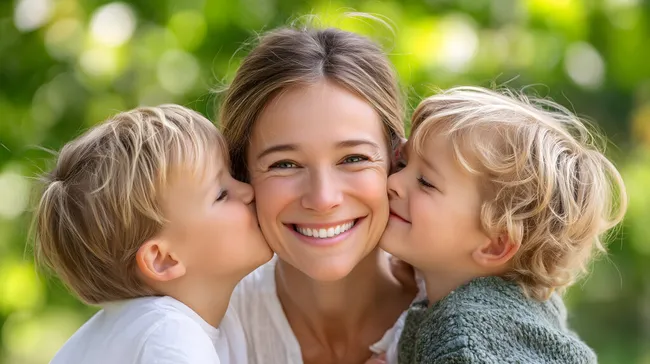 Glückliche Mutter wird von ihren Kindern umarmt
