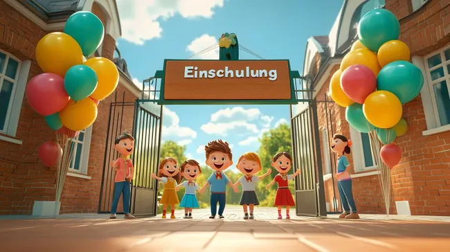 Glückliche Schüler empfangen am ersten Schultag