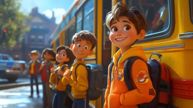 Glückliche Schüler warten auf den Schulbus