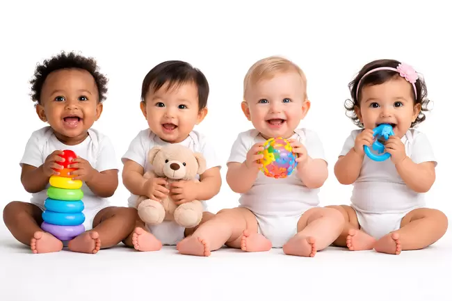 Glückliche und spielende Babys in bunter Umgebung