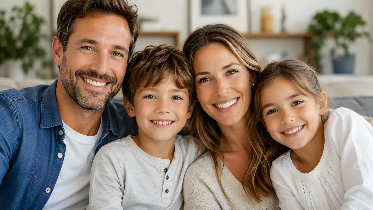 Glückliche vierköpfige Familie auf dem Sofa