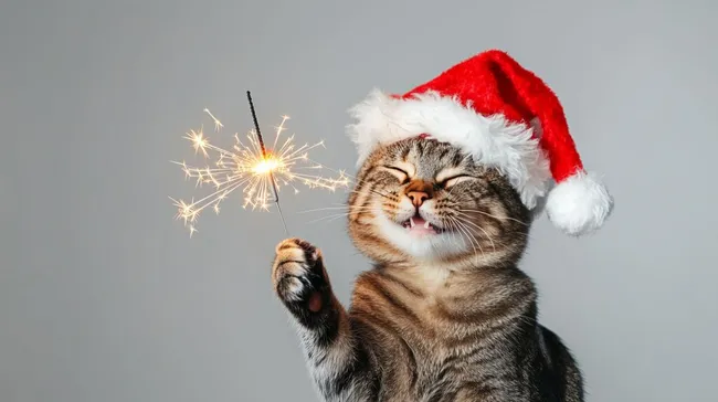 Glückliche Weihnachtskatze mit Wunderkerze