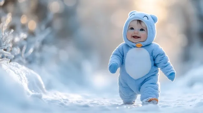 Glücklicher Babyjunge in Pinguinkostüm im Schnee