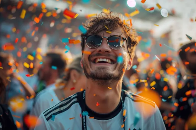 Glücklicher Feiernder im bunten Konfetti-Regen