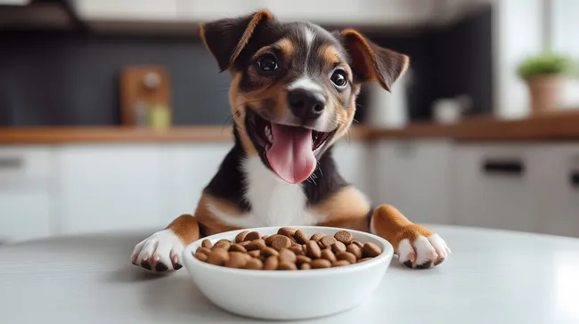 Glücklicher Hund freut sich über sein Trockenfutter