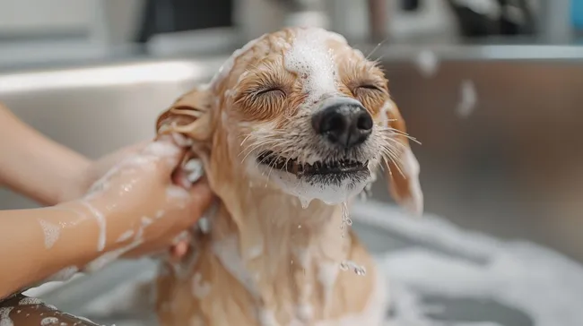 Glücklicher Hund genießt Duschbad bei Hundefriseur