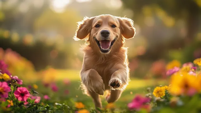 Glücklicher Hund läuft durch blumigen Garten