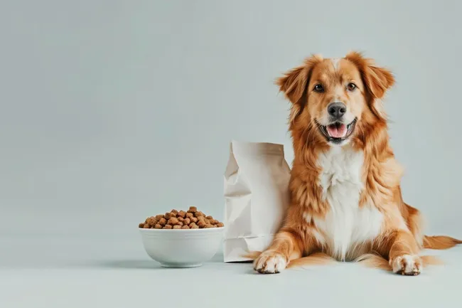 Glücklicher Hund mit Trockenfutter und Tüte