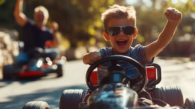Glücklicher Junge fährt Gokart in der Sonne