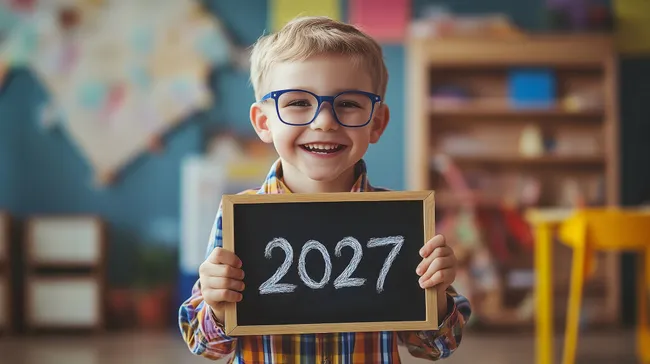 Glücklicher Junge hält Tafel mit Jahr 2027