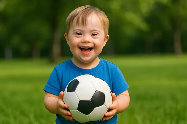 Glücklicher Junge mit Down-Syndrom spielt Fußball