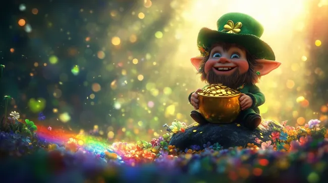 Glücklicher Kobold mit Goldtopf auf bunter Frühlingswiese