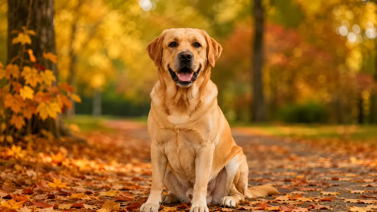Glücklicher Labrador sitzt im Herbstpark auf Laub