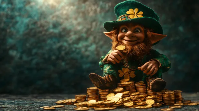 Glücklicher Leprechaun mit Goldmünzen und Kleeblatt-Hut